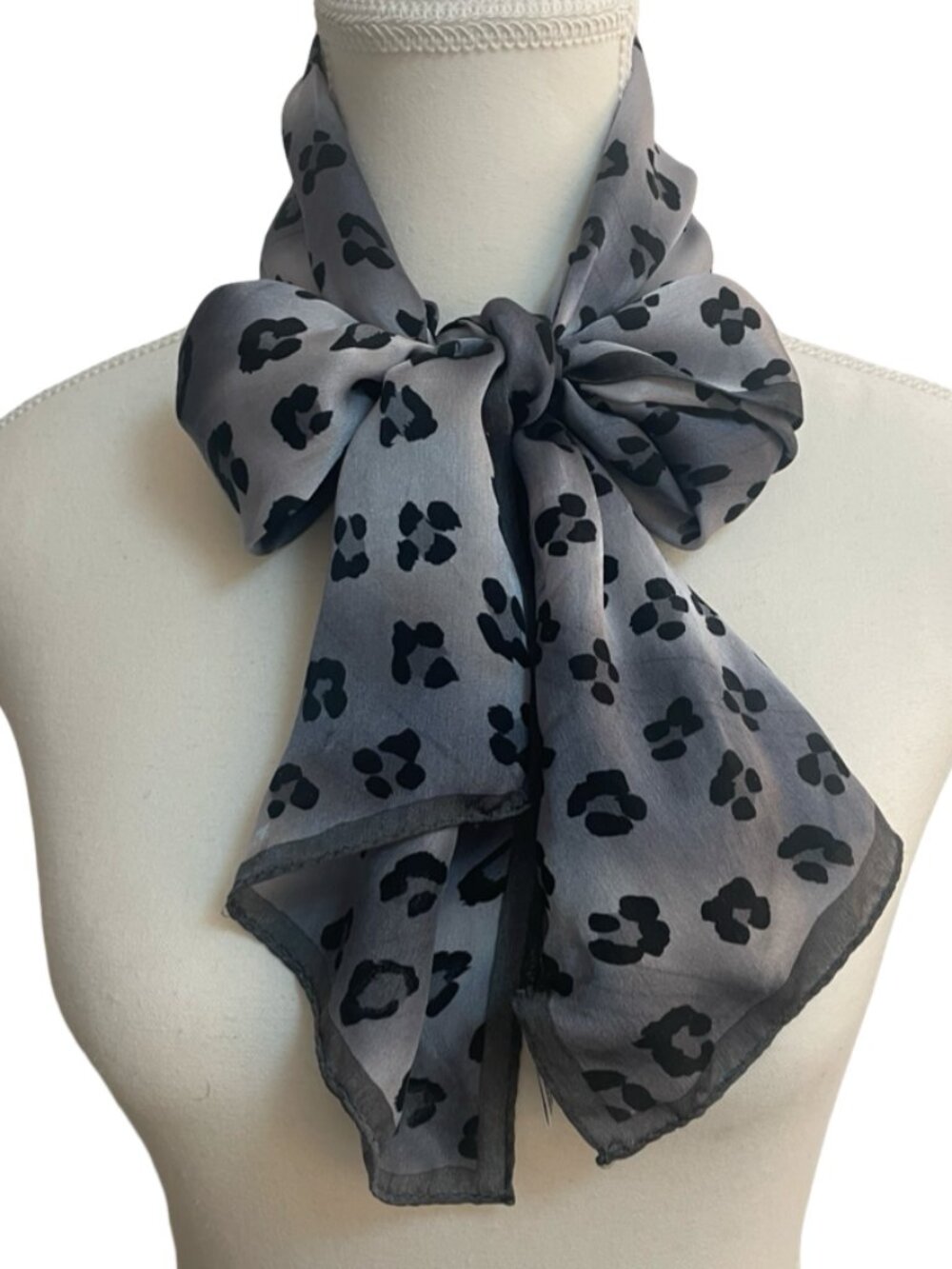 Gray Leopard Print 100% Silk Scarf Long Neck Hair Bag Scarf 10 x 51
